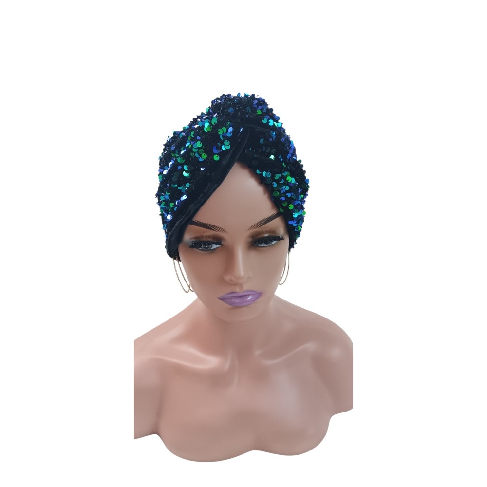Green Sequined Twist Front Turban Hijab Cap Modest Headpiece Accessory‎